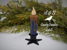 Load image into Gallery viewer, Set of TWO Grungy Blue 4 inch LED Wax Dipped Taper Candles with Timer, Battery Operated Flameless Candles, Country Primitive Home Decor