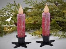 Load image into Gallery viewer, Set of TWO (2) Winter, &quot;Snowy&quot; Red 4 inch LED Wax Dipped Taper Candles with Timer, Battery Operated Flameless Candles, Country Primitive