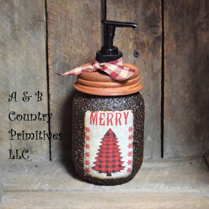 Buffalo Plaid Christmas Tree themed Soap Dispenser, Grubby Mason Jar with Soap Pump, Rustic Cabin Christmas Decor, Country Christmas, Lodge