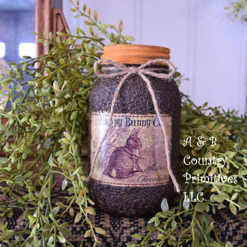 Grubby Coated Mason Jar with Vintage Pantry Spring Label, Happy Bunny Co, Est 1865, Milk, Chcocolate Country Primitive, Kitchen Storage