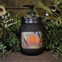 Load image into Gallery viewer, Fall, Harvest, Primitive Crows and Pumpkin Patch Label, Soap Dispenser, Grubby Mason Jar w/Soap Pump, Country Primitive Bathroom Decor