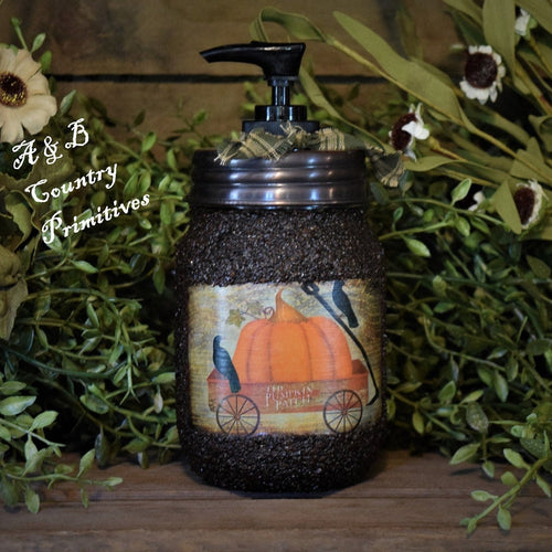 Fall, Harvest, Primitive Crows and Pumpkin Patch Label, Soap Dispenser, Grubby Mason Jar w/Soap Pump, Country Primitive Bathroom Decor