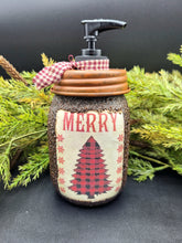 Load image into Gallery viewer, Buffalo Plaid Christmas Tree themed Soap Dispenser, Grubby Mason Jar with Soap Pump, Rustic Cabin Christmas Decor, Country Christmas, Lodge