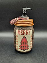 Load image into Gallery viewer, Buffalo Plaid Christmas Tree themed Soap Dispenser, Grubby Mason Jar with Soap Pump, Rustic Cabin Christmas Decor, Country Christmas, Lodge