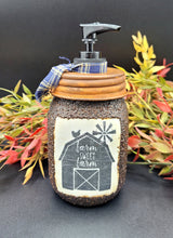 Load image into Gallery viewer, Mason Jar Hand Soap Dispenser &quot;Farm Sweet Farm&quot;, Grubby Mason Jar with Rusty Soap Pump, Country Farmhouse Bathroom Soap Dispenser