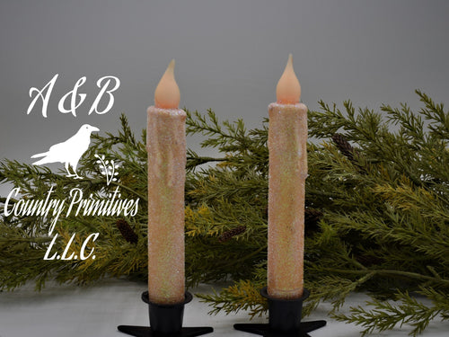 Set of TWO (2) CREAM Glitter 7 inch LED Wax Dipped Taper Candles with Timer, Battery Operated Candles, Country Primitive