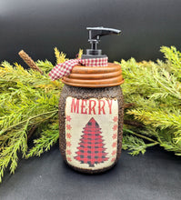 Load image into Gallery viewer, Buffalo Plaid Christmas Tree themed Soap Dispenser, Grubby Mason Jar with Soap Pump, Rustic Cabin Christmas Decor, Country Christmas, Lodge