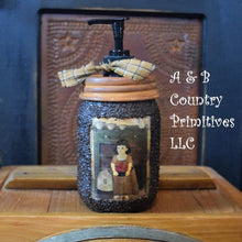 Load image into Gallery viewer, Primitive Americana Folk Art Hand Soap Dispenser, Grubby Mason Jar with Soap Pump, Country Bathroom, Country Primitive Decor