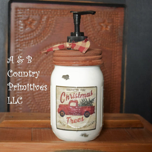 Vintage Red Truck Christmas Trees Mason Jar Hand Soap Dispenser, Distressed White Mason Jar Soap Dispenser, Country Farmhouse Bathroom