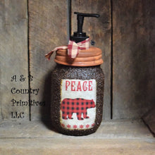 Load image into Gallery viewer, Buffalo Plaid Bear themed Hand Soap Dispenser, Grubby Mason Jar with Soap Pump, Rustic Cabin Christmas Decor, Rustic &quot;Bear&quot; themed Bathroom