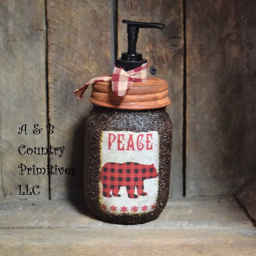 Buffalo Plaid Bear themed Hand Soap Dispenser, Grubby Mason Jar with Soap Pump, Rustic Cabin Christmas Decor, Rustic 