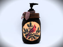 Load image into Gallery viewer, Winter Cardinal Soap Dispenser, Grubby Mason Jar with Soap Pump, Christmas Decor, Country Christmas Bathroom