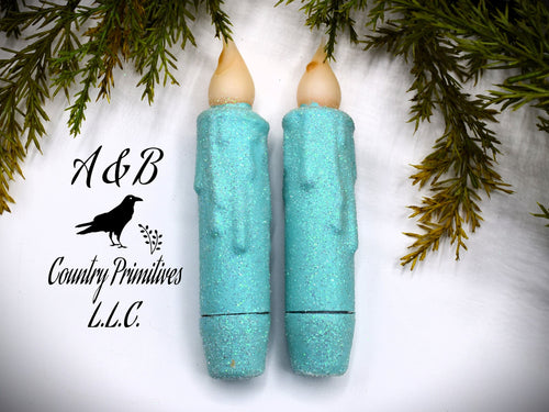 Set of TWO (2) Turquoise Glitter 4 inch LED Wax Dipped Taper Candles with Timer, Battery Operated Candles, Country Primitive