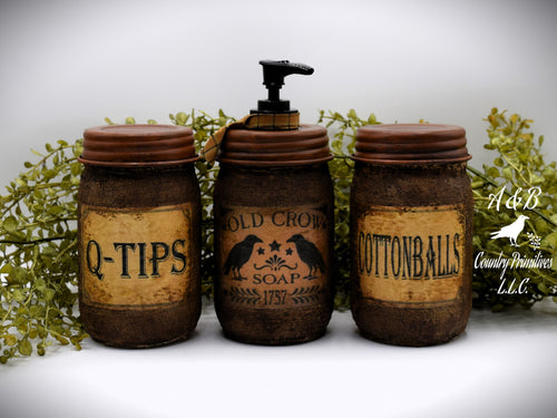 Set of Three Primitive Themed Bathroom Set, Old Crow Hand Soap Dispenser, Q-Tips Jar, Cottonballs Jar, Grungy Style Primitive Bathroom Decor