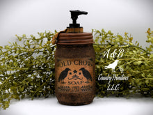 Load image into Gallery viewer, Old Crow Hand Soap Dispenser, Primitive Mason Jar with Soap Pump, Country Farmhouse Bathroom Soap Dispenser, Cheesecloth Covered Mason Jar