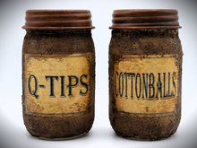 Load image into Gallery viewer, Primitive Bathroom Set, Q-Tips Jar and Cottonballs Jar, Grungy Style Primitive Bathroom Decor, Country Farmhouse Bathroom