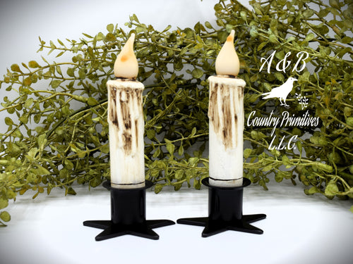 Set of (2) Two Grungy Off-White Cream (4 inch) LED Wax Dipped Battery Operated Flameless Timer Taper Candles, Country Primitive Home Decor
