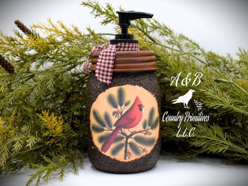 Winter Cardinal Soap Dispenser, Grubby Mason Jar with Soap Pump, Christmas Decor, Country Christmas Bathroom