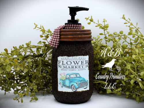 Grubby Hand Soap Dispenser Flower Market, Vintage Blue Truck, Spring Themed Folk Art Label, Country Farmhouse Bathroom Soap Dispenser