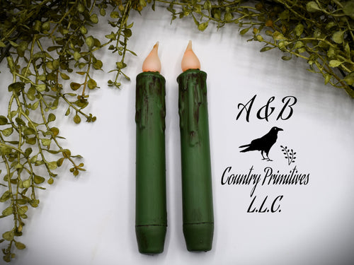 Set of (2) Two Grungy Fern Green 7 inch LED Wax Dipped Taper Candles with Timer, Battery Operated Candles, Country Primitive Home Decor