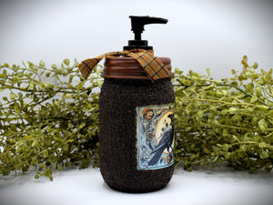Early American Folk Art Crow Hand Soap Dispenser, Grubby Mason Jar with Soap Pump, Country Prim Bathroom Soap Dispenser, Crow Collection