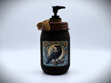 Load image into Gallery viewer, Early American Folk Art Crow Hand Soap Dispenser, Grubby Mason Jar with Soap Pump, Country Prim Bathroom Soap Dispenser, Crow Collection