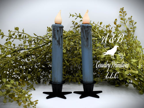 Set of (2) Two Grungy Dusty Blue 7 inch LED Wax Dipped Taper Candles with Timer, Battery Operated Candles, Country Primitive Home Decor