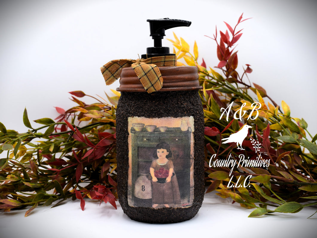 Primitive Americana Folk Art Hand Soap Dispenser, Grubby Mason Jar with Soap Pump, Country Bathroom, Country Primitive Decor
