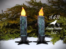 Load image into Gallery viewer, Set of TWO (2) &quot;Starry Night&quot; Black Glitter 4 inch LED Wax Dipped Taper Candles with Timer, Battery Operated Candles, Country Primitive