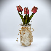 Load image into Gallery viewer, Grungy Pint Mason Jar and Tulip Arrangement, Real-feel, Real-Touch Tulip arrangement Vintage style Mason Jar Arrangement Centerpiece