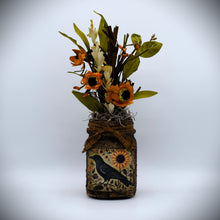 Load image into Gallery viewer, Primitive Crow and Sunflowers Mason Jar Daisy Floral Arrangement, Country Primitive Farmhouse Home Decor, Summer Decor, Fall Decor