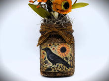 Load image into Gallery viewer, Primitive Crow and Sunflowers Mason Jar Daisy Floral Arrangement, Country Primitive Farmhouse Home Decor, Summer Decor, Fall Decor