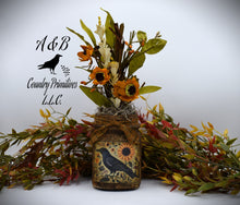 Load image into Gallery viewer, Primitive Crow and Sunflowers Mason Jar Daisy Floral Arrangement, Country Primitive Farmhouse Home Decor, Summer Decor, Fall Decor