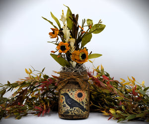 Primitive Crow and Sunflowers Mason Jar Daisy Floral Arrangement, Country Primitive Farmhouse Home Decor, Summer Decor, Fall Decor