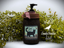 Load image into Gallery viewer, Grubby Hand Soap Dispenser, Primitive Black Cat, Mason Jar Soap Pump &amp; Folk Art Print,Primitive Americana Art Bathroom Decor