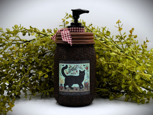 Grubby Hand Soap Dispenser, Primitive Black Cat, Mason Jar Soap Pump & Folk Art Print,Primitive Americana Art Bathroom Decor