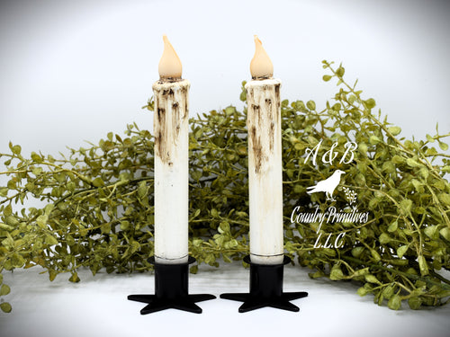 Set of (2) Two Grungy Off-White 7 inch LED Wax Dipped Taper Candles with Timer, Battery Operated Candles, Country Primitive Home Decor