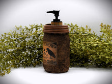 Load image into Gallery viewer, Old Crow Hand Soap Dispenser, Primitive Mason Jar with Soap Pump, Country Farmhouse Bathroom Soap Dispenser, Cheesecloth Covered Mason Jar