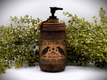 Load image into Gallery viewer, Old Crow Hand Soap Dispenser, Primitive Mason Jar with Soap Pump, Country Farmhouse Bathroom Soap Dispenser, Cheesecloth Covered Mason Jar