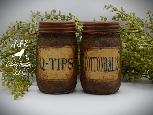 Primitive Bathroom Set, Q-Tips Jar and Cottonballs Jar, Grungy Style Primitive Bathroom Decor, Country Farmhouse Bathroom