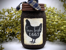 Load image into Gallery viewer, Farm Fresh Eggs Mason Jar Hand Soap Dispenser, Country Farmhouse Bathroom or Kitchen, Country Primitive, Chicken themed Home Decor