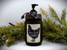 Load image into Gallery viewer, Farm Fresh Eggs Mason Jar Hand Soap Dispenser, Country Farmhouse Bathroom or Kitchen, Country Primitive, Chicken themed Home Decor