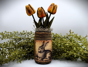 Primitive Bunny Rabbit Mason Jar Tulip Floral Arrangement, Country Primitive Farmhouse Home Decor, Spring and Easter, Cottagecore