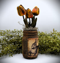 Load image into Gallery viewer, Primitive Bunny Rabbit Mason Jar Tulip Floral Arrangement, Country Primitive Farmhouse Home Decor, Spring and Easter, Cottagecore