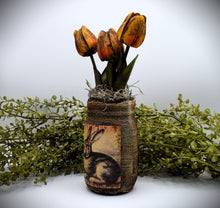 Load image into Gallery viewer, Primitive Bunny Rabbit Mason Jar Tulip Floral Arrangement, Country Primitive Farmhouse Home Decor, Spring and Easter, Cottagecore