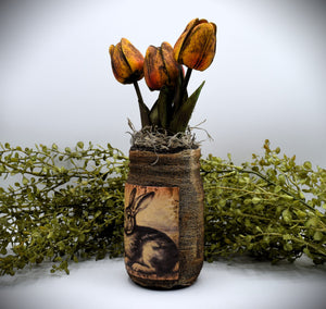 Primitive Bunny Rabbit Mason Jar Tulip Floral Arrangement, Country Primitive Farmhouse Home Decor, Spring and Easter, Cottagecore
