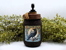 Load image into Gallery viewer, Early American Folk Art Crow Hand Soap Dispenser, Grubby Mason Jar with Soap Pump, Country Prim Bathroom Soap Dispenser, Crow Collection