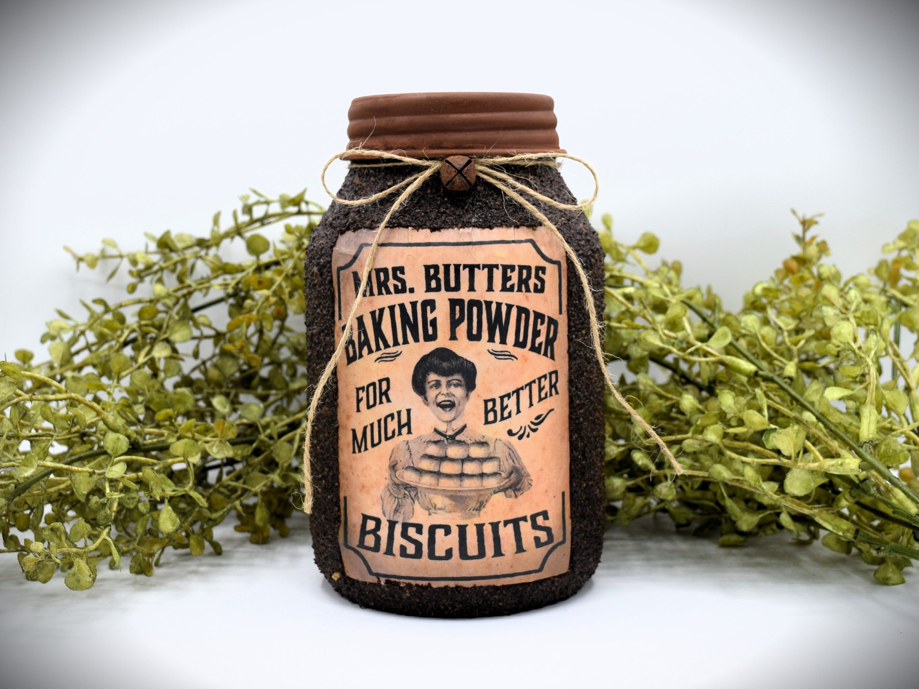 Mrs. Butters Baking Powder Grubby Mason Jar, Primitive Pantry Jar