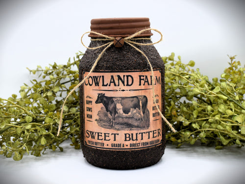 Grubby Coated Mason Jar with Vintage Pantry Label - Sweet Butter, Farmhouse Kitchen Decor, Country Primitive Decor, Kitchen Storage