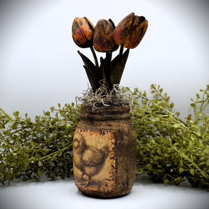 Primitive Spring Chick Mason Jar Tulip Floral Arrangement, Country Primitive Farmhouse Home Decor, Spring and Easter Decor, Cottagecore